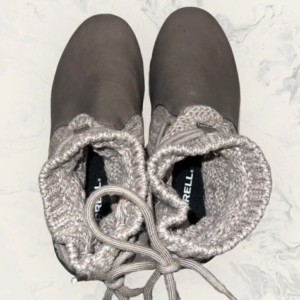 Merrell Alpine Pull On Brindle Gray Vegan Leather Knit Boots Womens Size 7.5